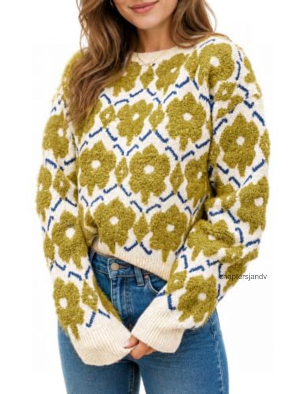 Floral Crewneck Oversized Knit Pullover Sweater Long Sleeve